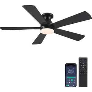 Black Ceiling Fans with Lights - 52In Flush Mount Ceiling Fan Light with Remote, 3CCT Dimmable and 6 Wind Speeds, Modern Low Profile Fan Light for Indoor Bedroom, Covered Outdoor