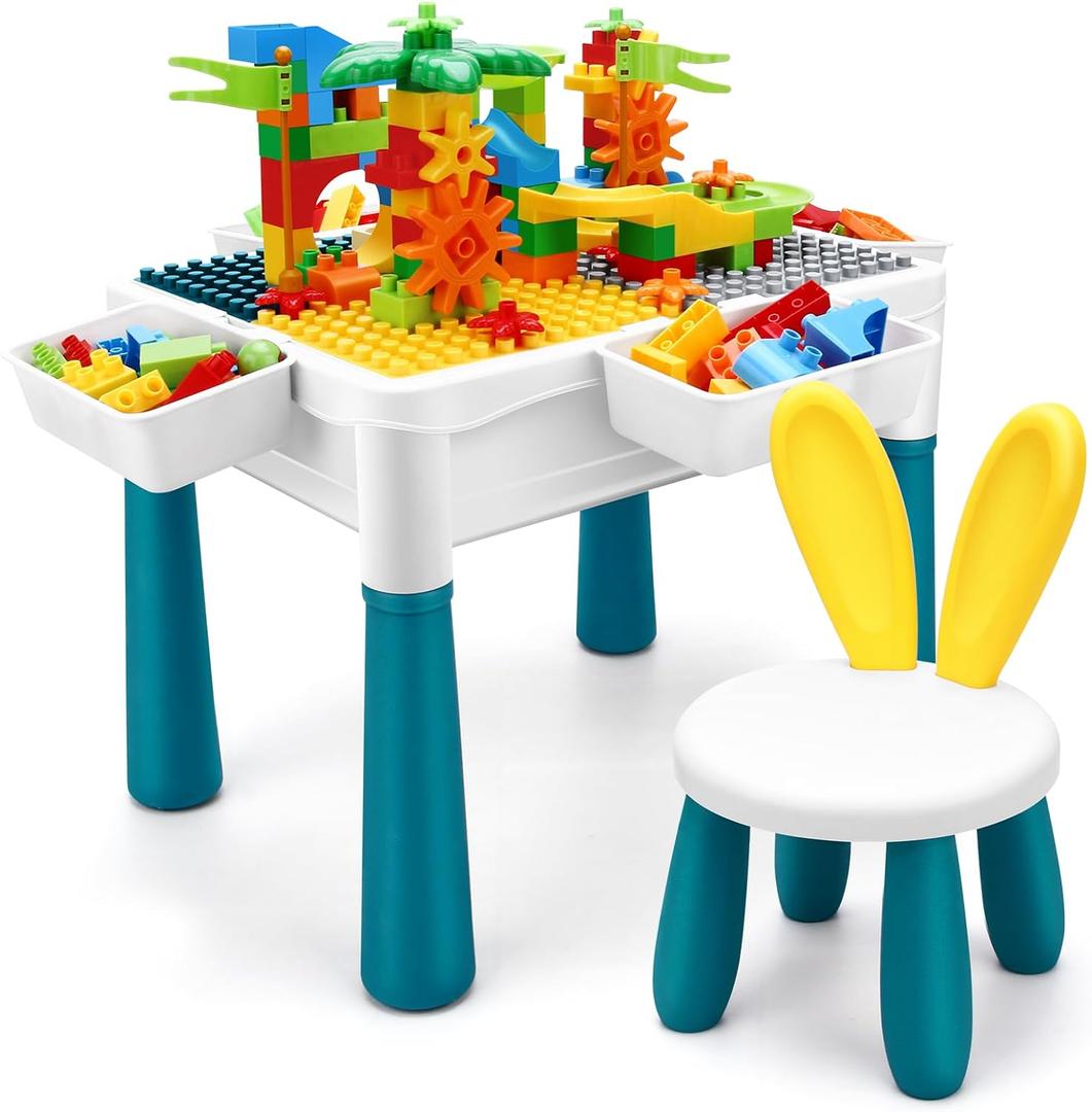 Kids Activity Table, 6-in-1 Play Table Chair Set - Adjustable Height, Storage Box, 105pcs Marble Run Building Blocks, Water & Sand Table Playset Toy Gift for Toddlers