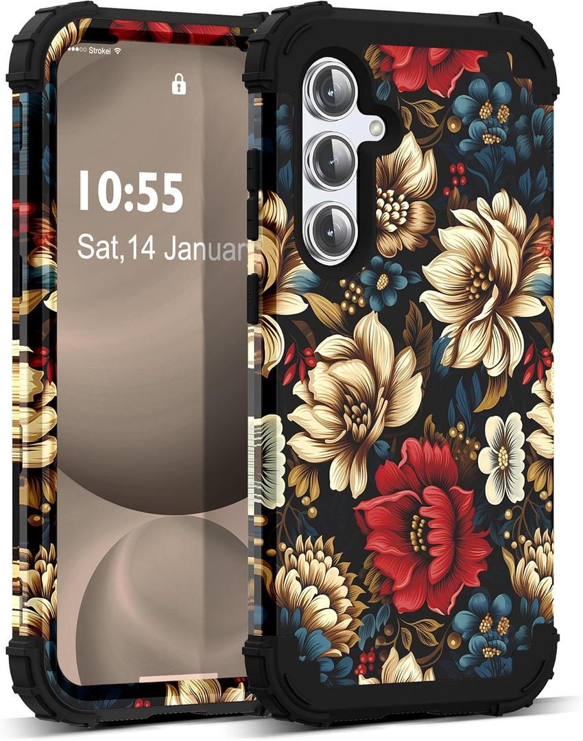 for Galaxy S24FE 5G Case,3 in 1 Oil Painting Flower Pattern Heavy Duty Shockproof Protection Silicone Rubber Bumper+Hard Plastic Protective Cover for Samsung S24FE 6.7",Black Flower