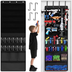 Over the Door Organizer for Toy Guns, Toys Storage Door Hanger with Pockets and Slots for Kids Foam Blasters, Darts, Goggles, Over Door Toy Guns Storage Organizer, for Kids Rooms, Game Rooms, Black (Large)