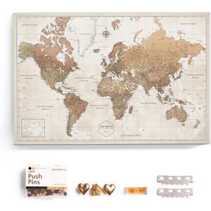 Canvas World Map with Cork Pin Board - English Lettering - Decorative Wall Decoration for All Rooms - Canvas Pictures with World Map Motif (70x50 cm, Pattern 16)