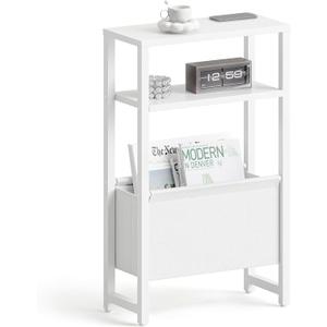 Narrow Side Table with Charging Station Slim End Table Sofa with Magazine Rack, Bedside Table for Small Spaces, 3 Tier Nightstand for Living Room Couch, Bedroom White LET503WE