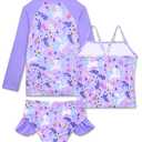 Girls Tankini Swimsuit Size 3t 4t Purple Flower Horse 3 Pieces Rash Guard Set with Ruffle Bottom (Purple)