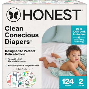 The Honest Company Comfort Dry Disposable Daytime Diapers for Sensitive Skin, Hypoallergenic, Fragrance-Free, Multi-Colored Giraffes + Barnyard Babies, Super Club Box Size 2 (12-18 lbs), 124 Count