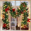 9 FT Pre-Lit Christmas Garland with 50 LED Lights Red Bows Flowers, Indoor Outdoor Lighted Garland for Stairs, Mantle, Door, Fireplace, Banister, Staircase, Holiday Christmas Decor, Battery Operated