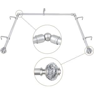 3/4 Inch Bay Window Curtain Rods, USFOOK Telescoping Silver Curtain Rods for Bay Windows 36 to 72 Inches (Center Rod), 20 to 36 Inch (Side Rods), Translucent Finials