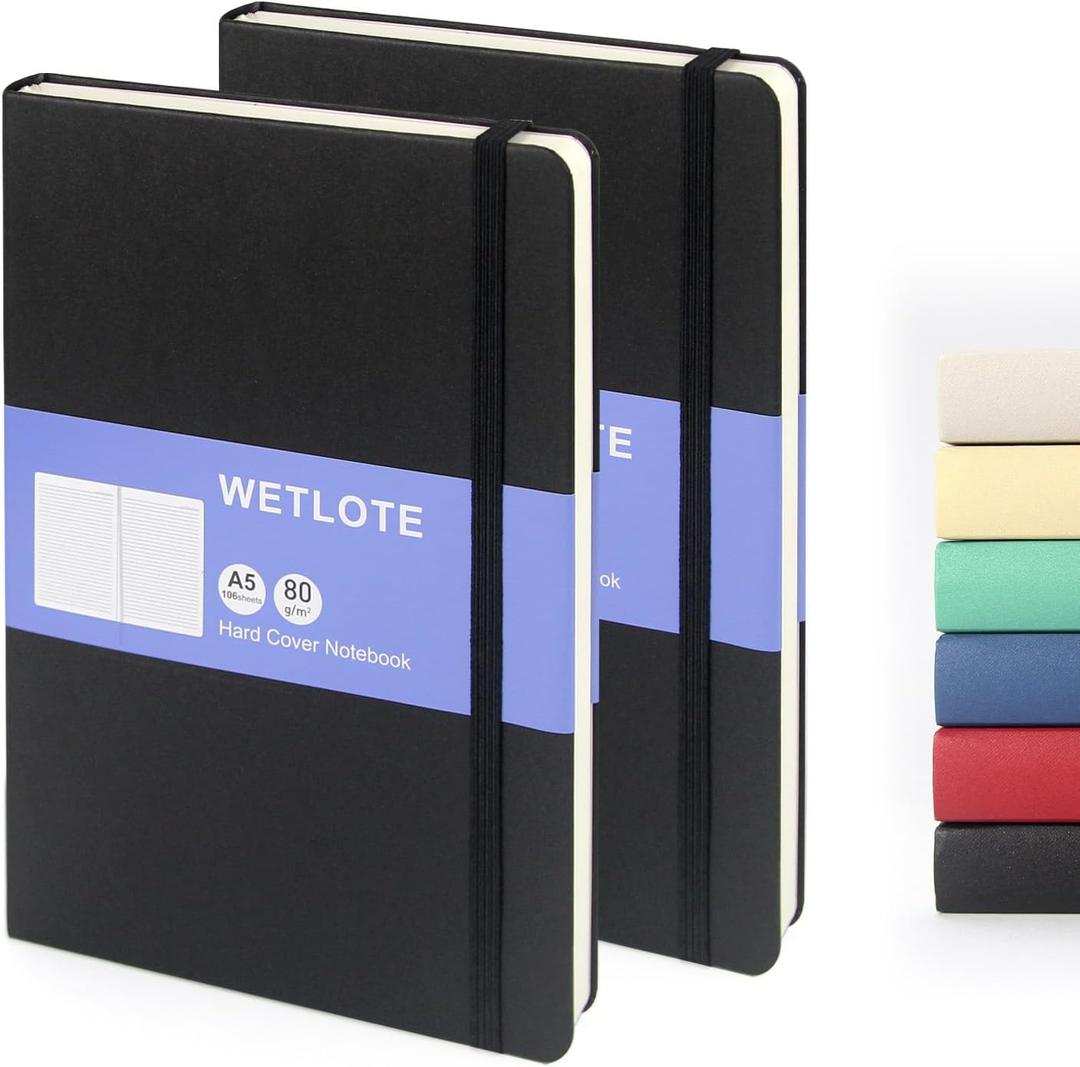 Hardcover Lined Journal Notebook 2 Pack, A5 Notebook College Ruled Writing Journals 208 Pages, Large Lined Notebooks for Women Men School College Office Journaling, Hardcover A5 Journal Set (Black)