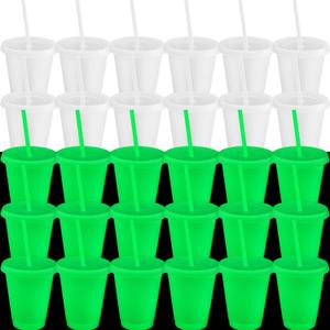 Honeydak 30 Pack 16 oz Glow in The Dark Cups Gift Bulk Light up Neon Plastic Tumbler with Straw and Lid Glow in The Dark Party Supplies Water Bottle Iced Coffee Mug Reusable (Green)