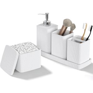 White Bathroom Accessories Set 5 Pieces, Resin Toothbrush Holders Set Complete with Soap Dispenser, Toothbrush Holder, Vanity Tray, Bathroom Tumbler and Qtip Holder for Small Spaces