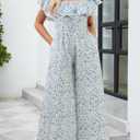Gardenwed Women's Floral Wide Leg Jumpsuit, Ruffle Short Sleeve Square Neck Summer Casual Palazzo Romper with Pockets (L)