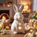 Easter Bunny Figurines 11 Inch Light up Easter Bunny Decorations White Resin Rabbit Figurines for Spring Indoor Rustic Decor Home Table Room Kitchen(Flame Style)