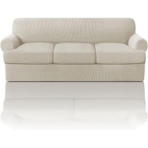 PrinceDeco T Cushion Sofa Slipcover 4 Pieces Sofa Covers for T Cushion Couch Soft Sofa Slip Covers Furniture Protector with 3 Individual T Shape Seat Covers (70"-88"), Island Fossi