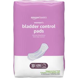 Amazon Basics Incontinence Pads for Women, Long, Postpartum, Bladder Control, Ultimate Absorbency, Fresh Protection, Unscented, 30 Count