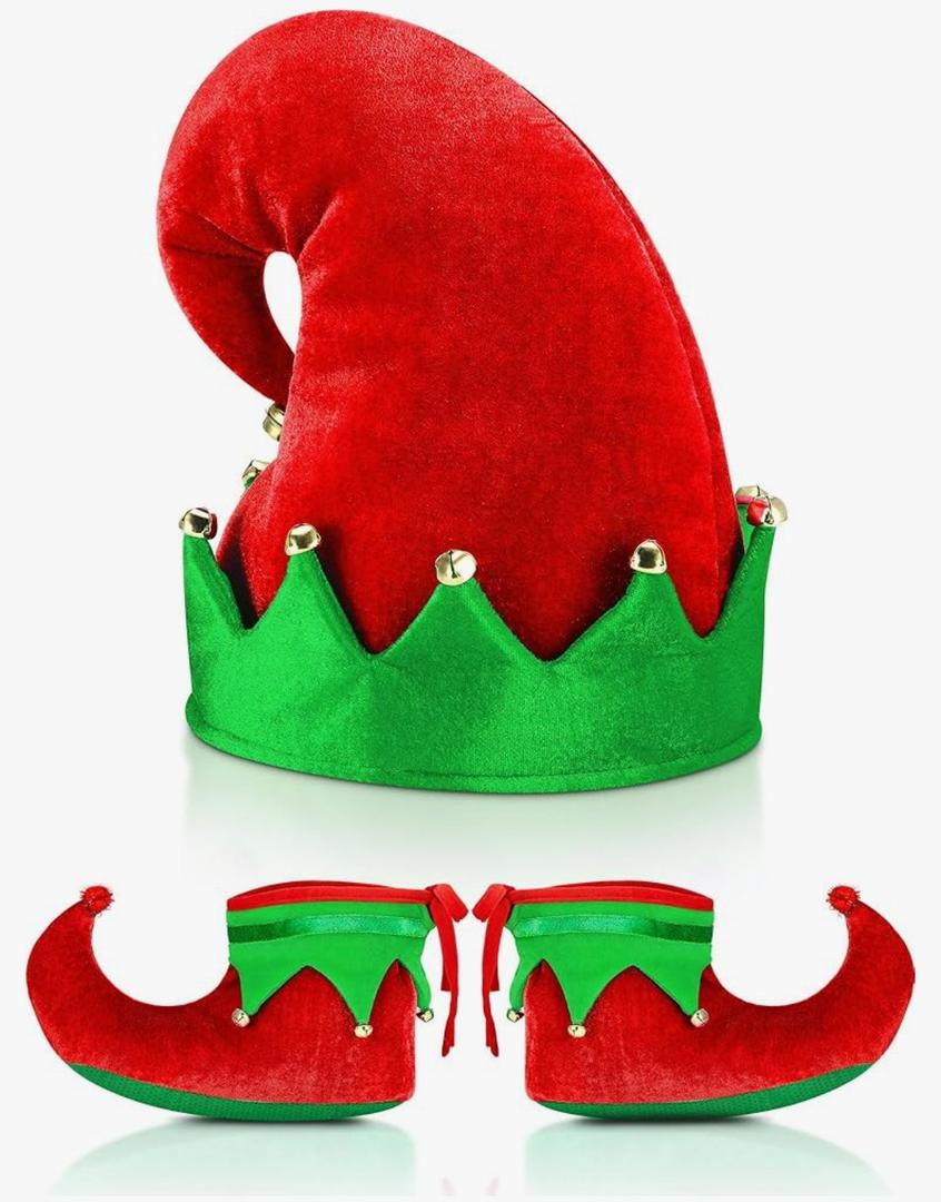 SATINIOR Christmas Santa Elf Shoes and Hat Christmas Red and Green Costume Accessory Set 11inch