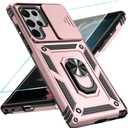 SunStory Phone Case for Samsung Galaxy S22 Ultra 5G Case with HD Screen Protector & Slide Camera Cover & Rotated Ring Kickstand, [Military-Grade] [2 IN 1] Phone Case for Galaxy S22 Ultra 6.8",Rose Gold