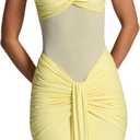 JUMISEE Women’s Sexy Halter Twist Knot Maxi Dress Draped Ribbon Ruched Cocktail Dress Sheer Mesh Bodycon Formal Dresses (Yellow, L)