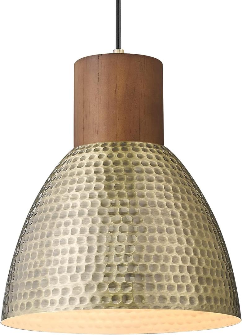 ELYONA Vintage Hammered Pendant Light Fixtures, 10.2 Industrial Metal Hanging Bar Lamp, Solid Wood Antique Gold Adjustable Pendant Light for Kitchen Island, Farmhouse, Dining Room, Brushed Brass (Medium, Brass - 1 Pack)