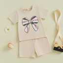 Toddler Baby Girl Summer Outfits Baseball Bow Fuzzy Embroidered T Shirt Top Shorts 2Pcs Baseball Game Day Clothes (Beige)