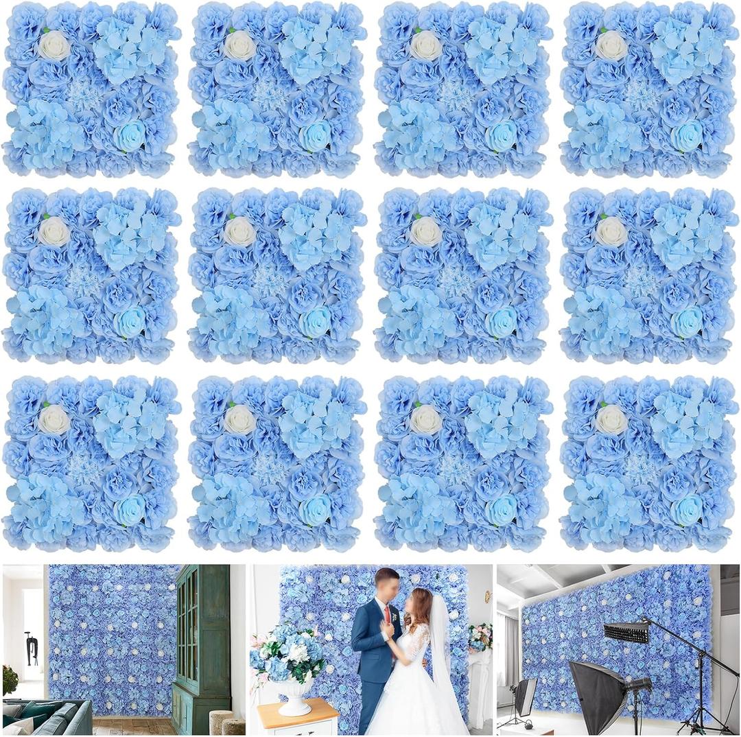 Artificial Flower Wall Panel 15*15inches -12 Pack Silk Rose Hydrangea 3D Flower Wall Dcor Backdrop for Wedding Arrangement Wall Background Party Panel Decorations UV Protected Handmade -Light Blue