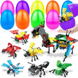 12 Pack 3" Large Easter Eggs Filled Stem Building Toys Easter Basket Essential 6 in 1 Transform Insect Building Blocks Basket Stuffers Filler Gifts for Kids Toddlers Boys Girls Eggs Hunt Party Favor