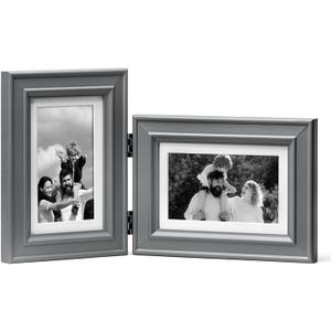 4x6 Double Picture Frame Vertical Horizontal Hinged Pine Wood Folding Photo Frame with Real Glass, Combo Display 4x6 Photos Matted to 3x5, Free-Standing Desk Tabletop or Wall Decor, Gray