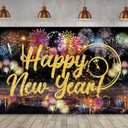Famoby Happy New Year Fabric Sign Poster Backdrop with Fireworks for New Year Photo Booth Background Party Decoration