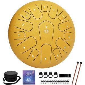 Rain Drum for Outside Garden,Steel Tongue Drum 12 Inches 15 Notes Musical Instruments, Handpan Drum Percussion Instrument, with Soft Bag, Music Book, 2 Mallets, for Meditation or Yoga(Yellow)