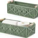 Mkono Macrame Storage Baskets Boho Decor Box Handmade Woven Decorative Countertop Toilet Tank Shelf Cabinet Organizer for Bedroom Livingroom Home, Set of 2, Green