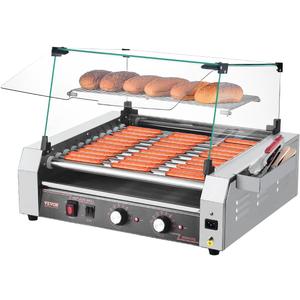 VEVOR Hot Dog Roller, 30 Hot Dog 11 Rollers, Stainless Steel Sausage Grill Cooker, 1600W Commercial Hot Dog Machine with Dual Temp Control, Cover, Side Storage Box, Removable Shelf & Oil Drip Tray