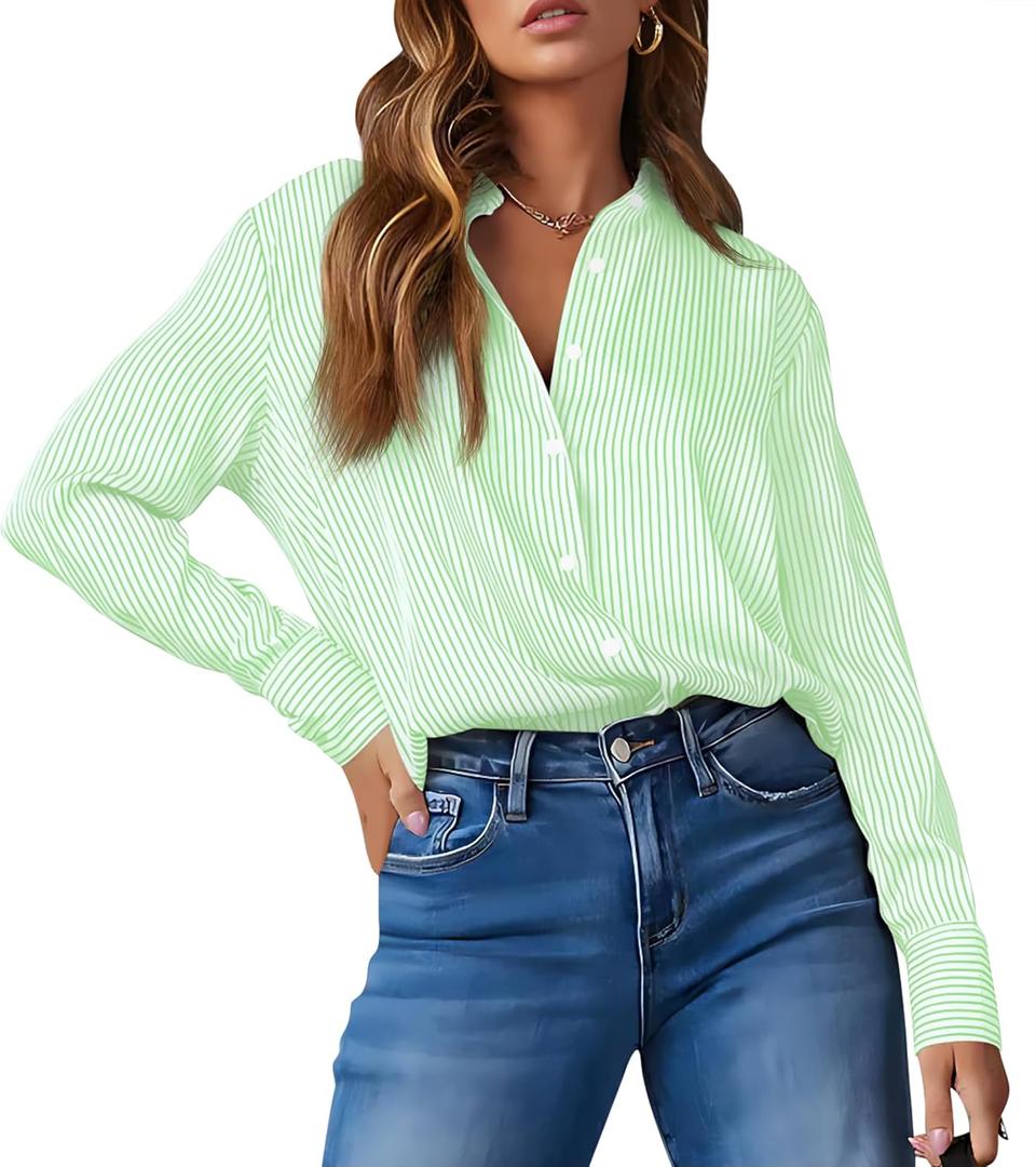 OMSJ Womens Striped Button Down Shirts Casual Long Sleeve Stylish Collared Office Work Blouses Tops (XL)