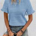 Samefar Womens Crewneck Texture Ruffle Shorts Sleeve Shirts Casual Loose Flowy Tee Tops Blouses Fashion Outfits Trendy (Blue, M)