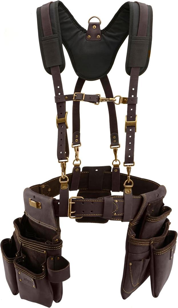 OX Pro Construction Tool Belt with Suspenders - (L) Made of Oil-Tanned Leather with Double-Stitching and Steel Rivets - 22-Pocket Leather Tool Belt Pouches OX-P263601