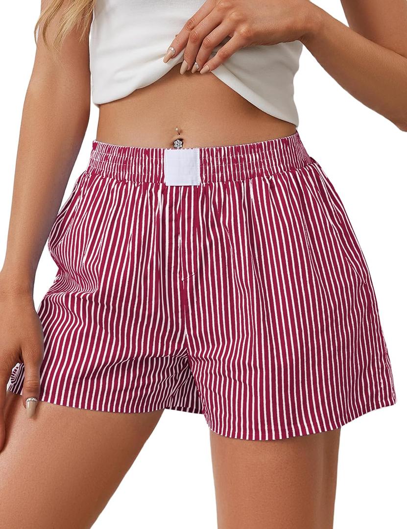 Ythomm Womens Lounge Shorts Y2k Striped Print Elastic Waist Pajama Shorts Cute Boxers Bottoms With Pockets Comfy Sleepwear (Red, L)