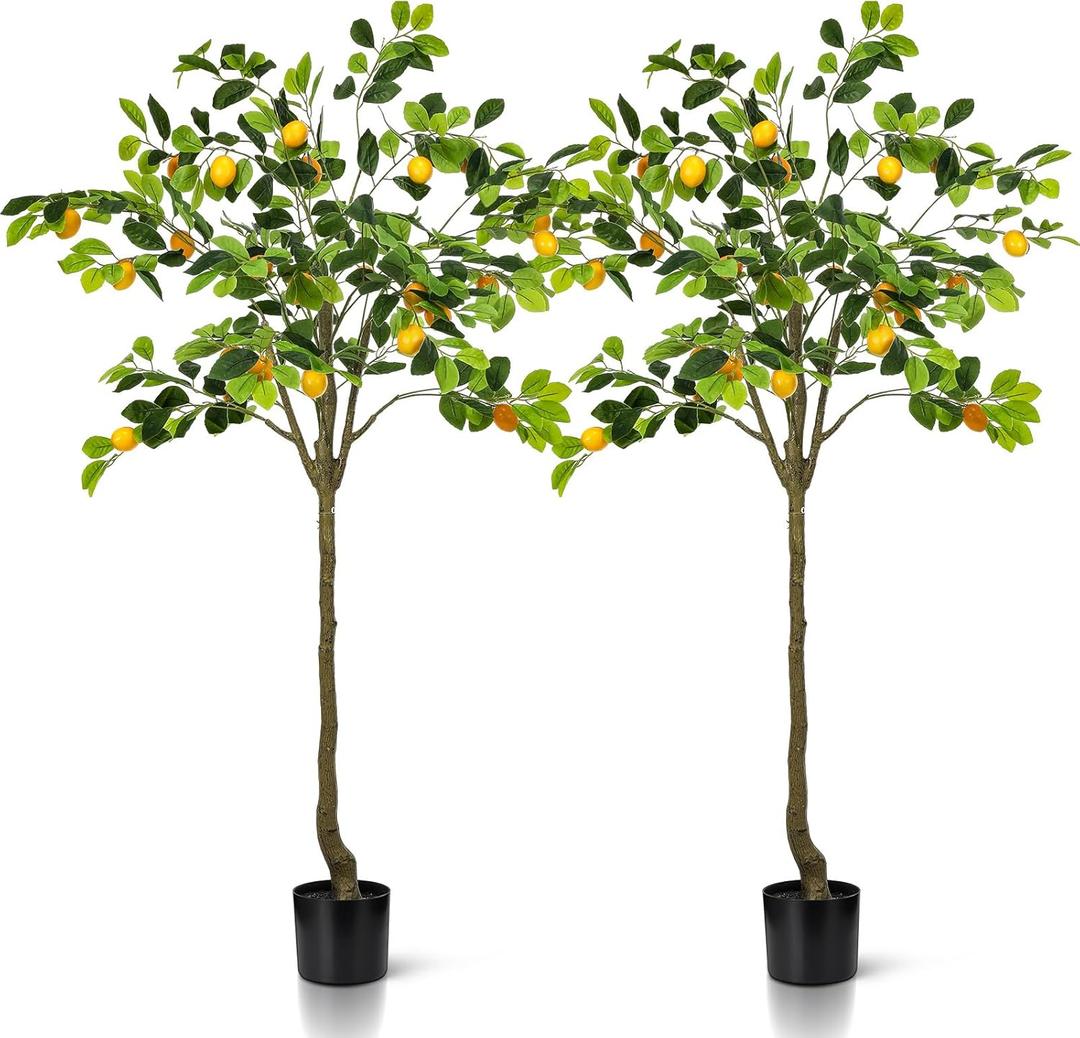 Jexine 2 Pack Artificial Lemon Tree 5 ft Tall Fake Plant Pre Potted Faux Lemon Tree Realistic Fruits for Indoor Home Decor Office Living Room