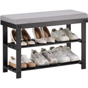 Apicizon 3-Tier Shoe Rack for Entryway, Bamboo Shoe Bench with Cushion Padded Seat, Small Shoe Organizer with Storage for Indoor Entrance Hallway Bedroom Living Room, Black (27.6 Inches With Cushion)