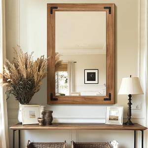 Bathroom Mirror for Wall with Wooden Frame, 20"x28" Solid Wood Vanity Mirror for Farmhouse, Bathroom, Bedroom, Vertical or Horizontal Hanging