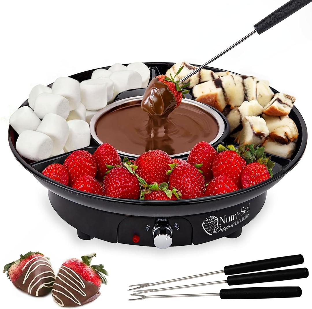 Dippin' Delights Premium Fondue Pot Electric Set - Perfect Chocolate Fondue Set for Parties, Gifting, and Date Night -Easy to Use & Clean - Detachable Tray w/4 Roasting Forks - Electric Fondue Pot Set