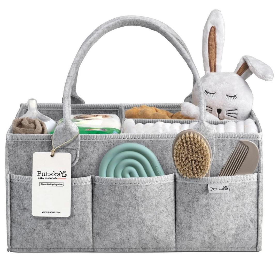 PUTSKA Baby Diaper Caddy Organizer - Nursery Storage Basket for Diaper Station, Baby Basket Shower Gift List and Registry Must-Have, Newborn Essentials, Nursery Decor for Boy or Girl - Grey, Large