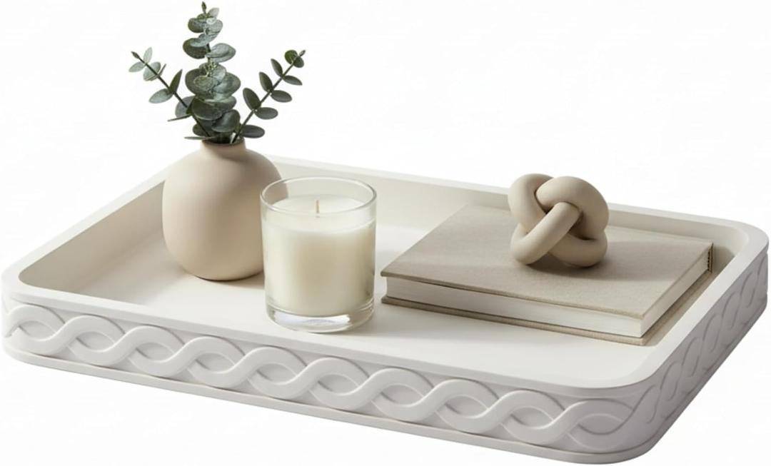 Decorative Tray for Coffee Table - 14 Cream White Concrete with Infinity Twist Design, Coffee Table Tray, Waterproof, Stain-Resistant, Durable, Tray Decor with Anti-Slip Pad, Multi-Use & Eco-Friendly