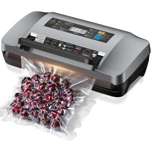 95kpa Vacuum Sealer Machine,Commercial Full Automatic Food Sealer,Powerful Sealing System with Double Heat Seal,Bags Storage, Easy-Lock Handle,Build-in Cutter,1 Bag Rolls and 10 pcs Pre-cut Bags(Grey)