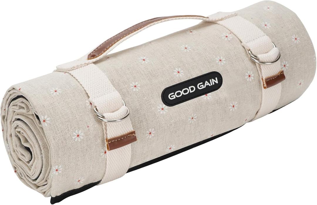 G GOOD GAIN Picnic Blanket Waterproof, Linen Feel Outdoor Blanket Extra Large - Foldable Beach Mat with Carry Strap for Camping, Park, Travel (White Flower)