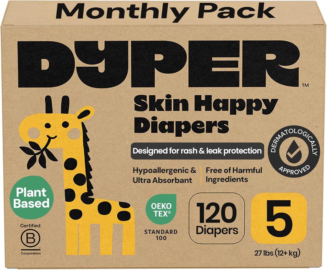 DYPER Monthly Pack Baby Diapers Size 5 (27+ lbs) 120 Count - Leak-Proof & Plant Based, Hypoallergenic and Ultra Absorbent Size 5 Diapers for Day and Overnight Skin Protection  