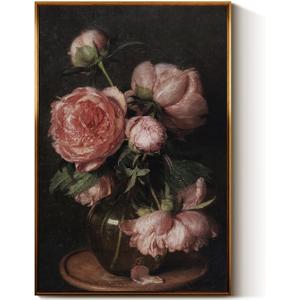 InSimSea Golden Framed Vintage Canvas Wall Art Peonies Still Life with Flowers Floral Painting 24x36in, Moody Rustic Bouquet of Roses in Vase Wall Decor, Pink Peony Print Farmhouse Home Decor
