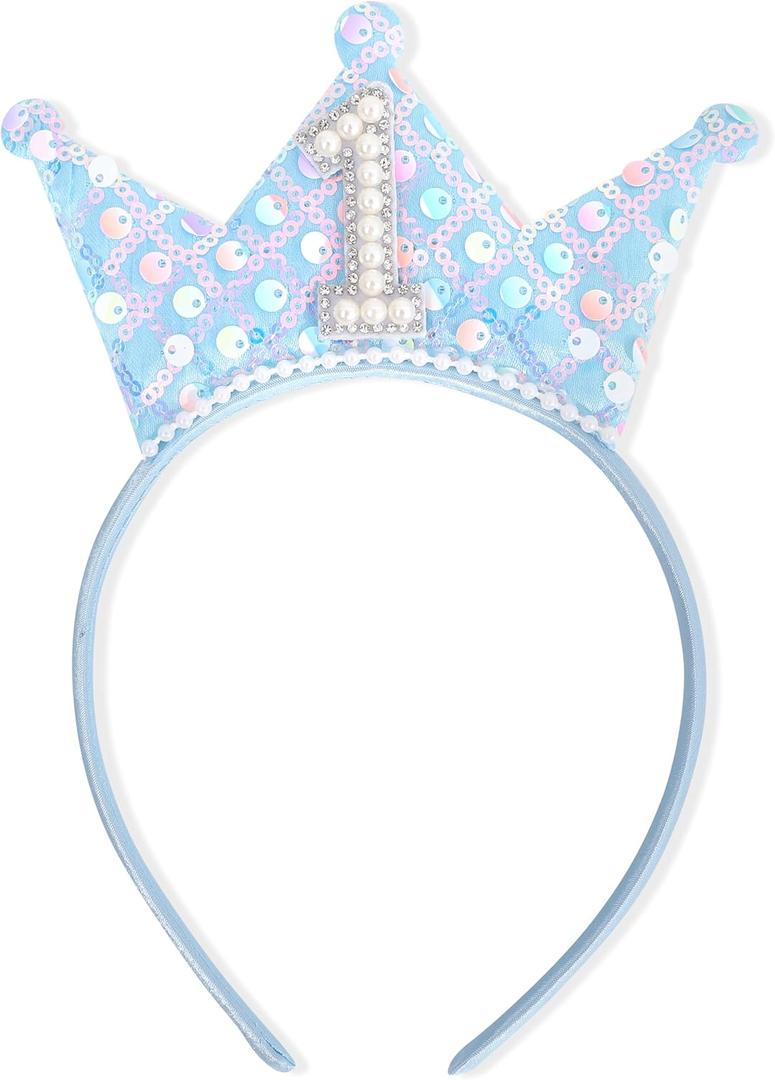 Blue 1th Birthday Headband - Tiara First Birthday Decorations, Glitter Sequin Crown Headband, Pearls Hair Accessories