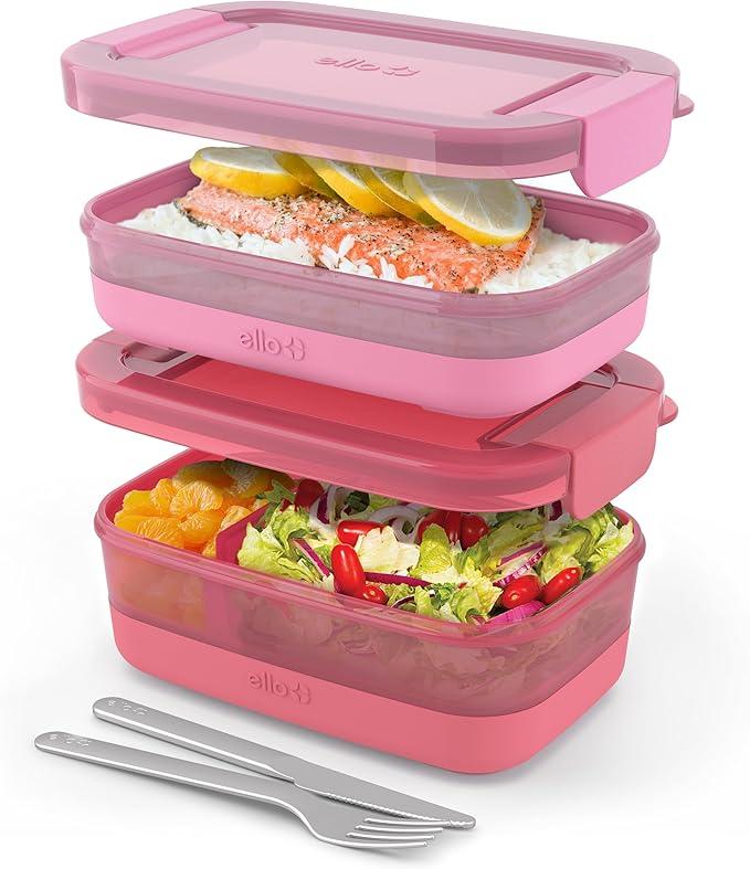 Ello 2-Pack Lunch Stack Plastic Food Storage Container Bento Box with Airtight, Leak-Proof Locking Plastic Lids and Silicone Base, BPA-Free, Freezer, Microwave, and Dishwasher Safe (2 & 3 Cup,)
