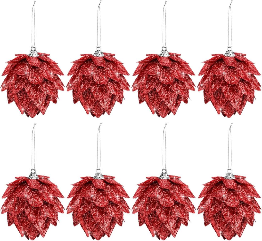 Jetec 8 Pieces Christmas Tree Ornaments Glitter Christmas Tree Hanging Decoration Decorative Artificial Pine Cones Flowers Hanging Ornaments for Winter Wreath Holiday Decor(Red)