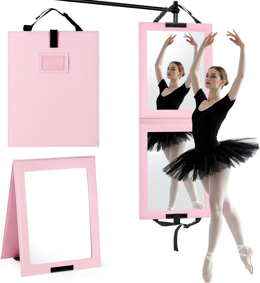 Shinowa Foldable Portable Full Length Mirror for Dancer, Camping and Travel, Shatter-Proof Acrylic Hanging Mirror with Handle, 33x13 Inch Full Body Travel Backstage Mirror, Pink