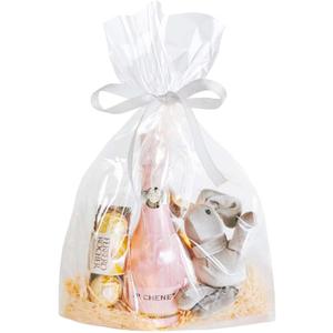 QKEEDSN 100 Pcs 10 x 14 Inches Clear Cellophane Gift Bags with 3.1 Inches Gold Twist Ties, Great for Goodies, Party Favors, and Holiday Gifts Wrapping