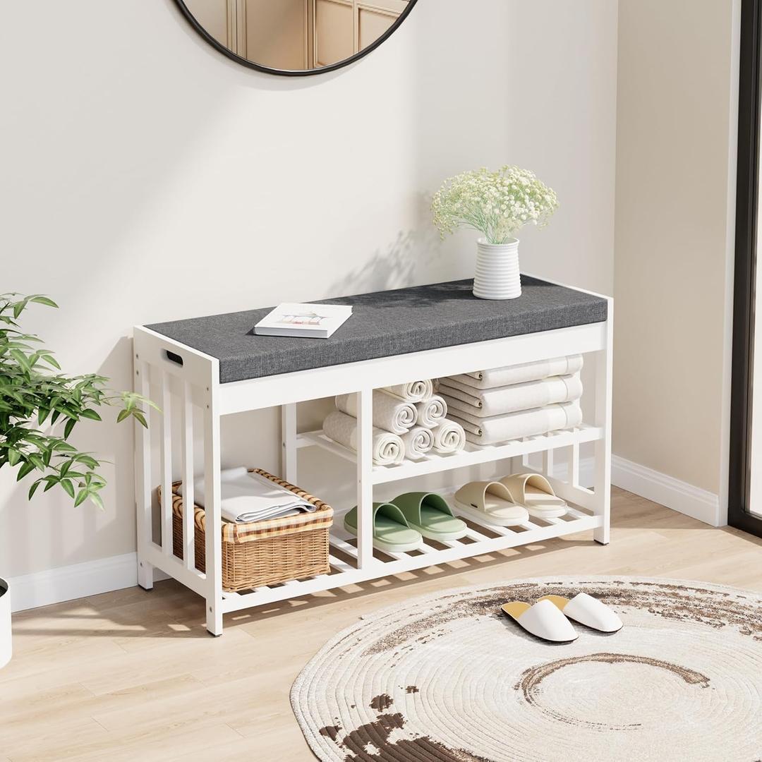 Shoe Rack Bench with Cushion,2 Tiers Shoe Bench with Flip-Top Storage,Wood Shoe Rack for Entryway, Hallway, Bedroom, Front Door Entrance (White)