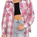 HOTOUCH Womens Pink Flannel Plaid Button Up Shirts Long Sleeve Roll Up Comfy ButtonDown Buffalo Checkered Tunic, Pink and White XXL